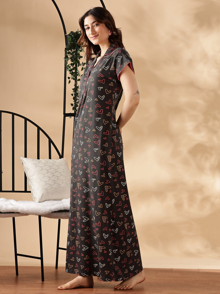 Star Printed Charcoal Collar Maxi Nighty For Women