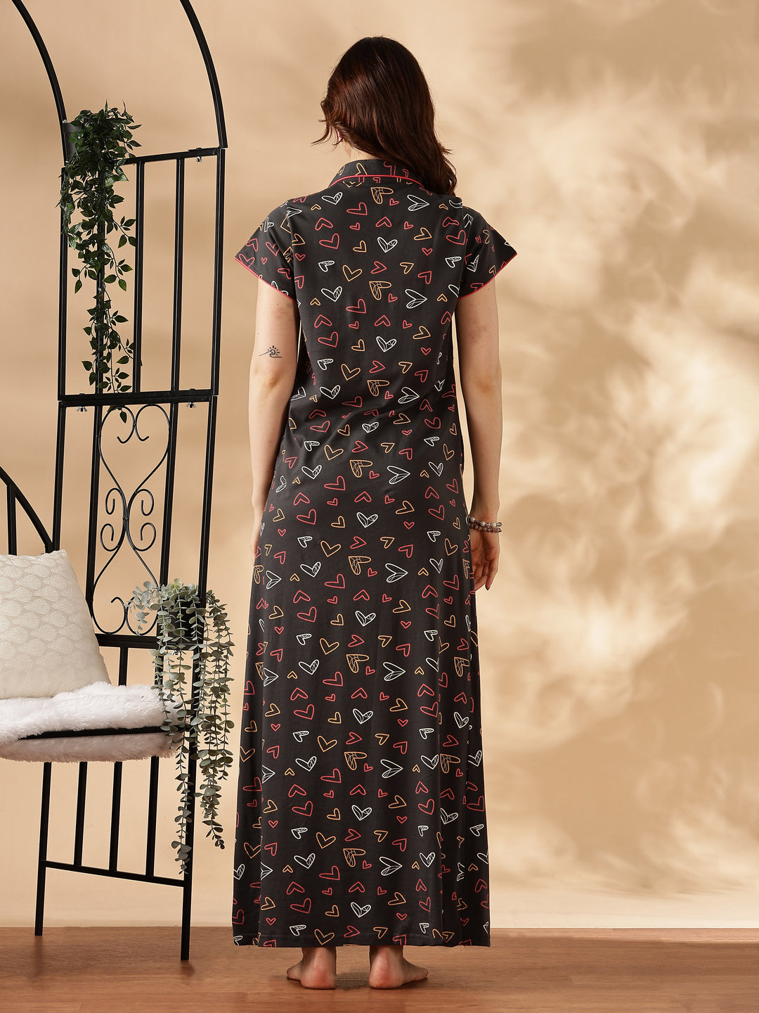 Star Printed Charcoal Collar Maxi Nighty For Women