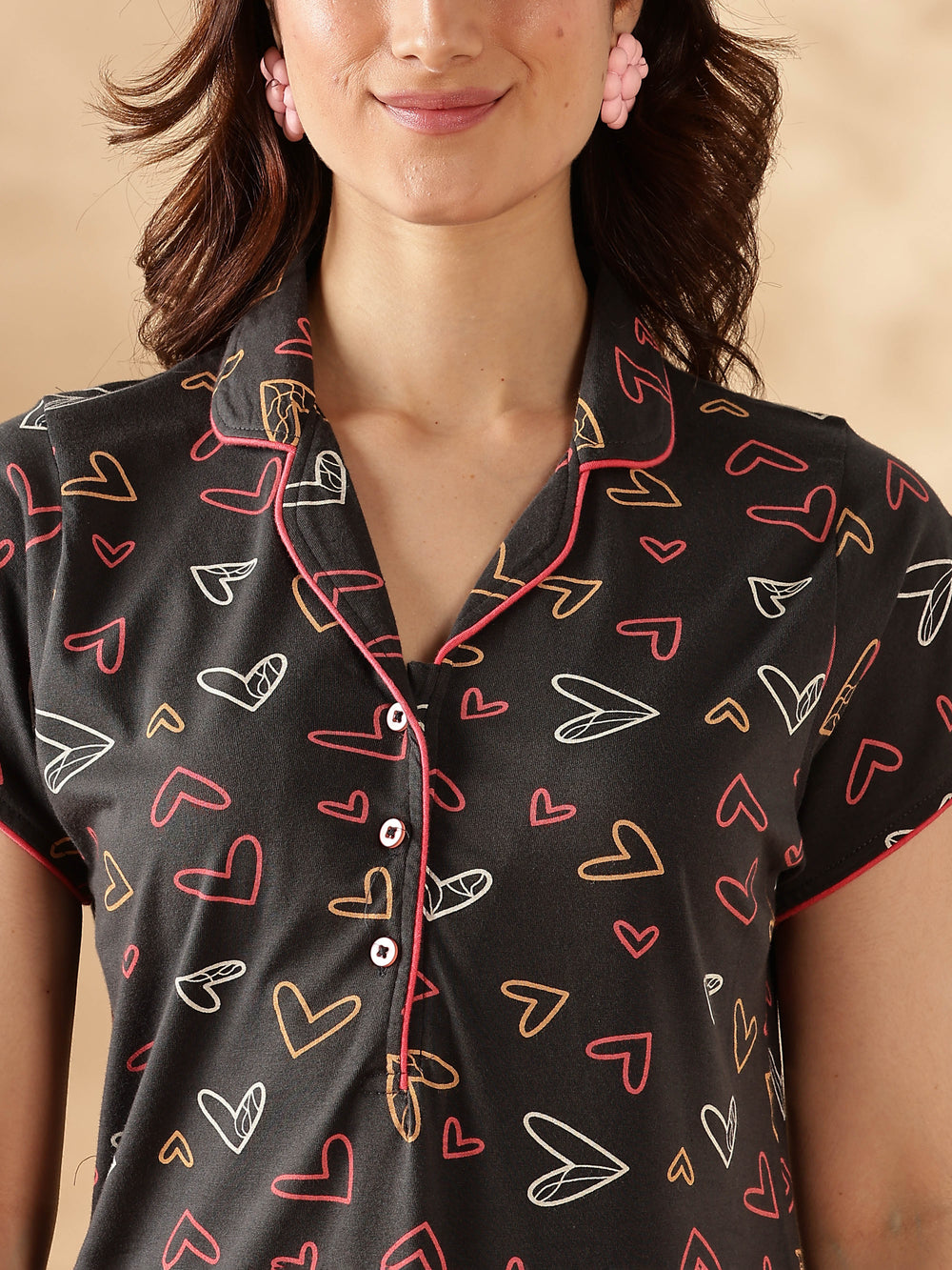 Star Printed Charcoal Collar Maxi Nighty For Women