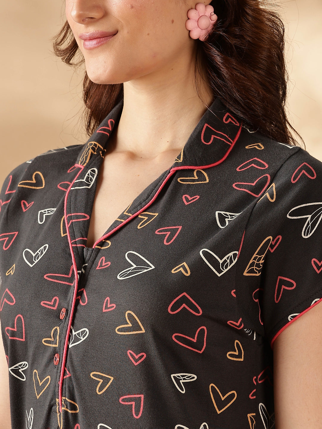 Star Printed Charcoal Collar Maxi Nighty For Women