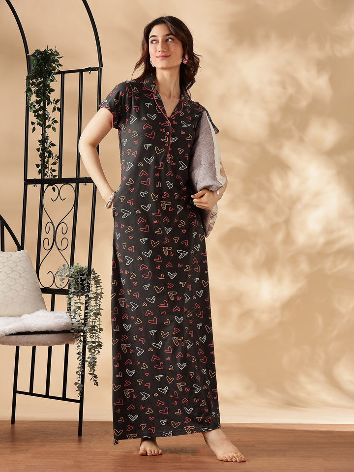 Star Printed Charcoal Collar Maxi Nighty For Women