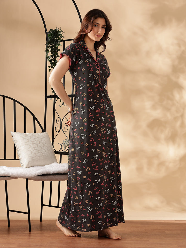Star Printed Charcoal Collar Maxi Nighty For Women