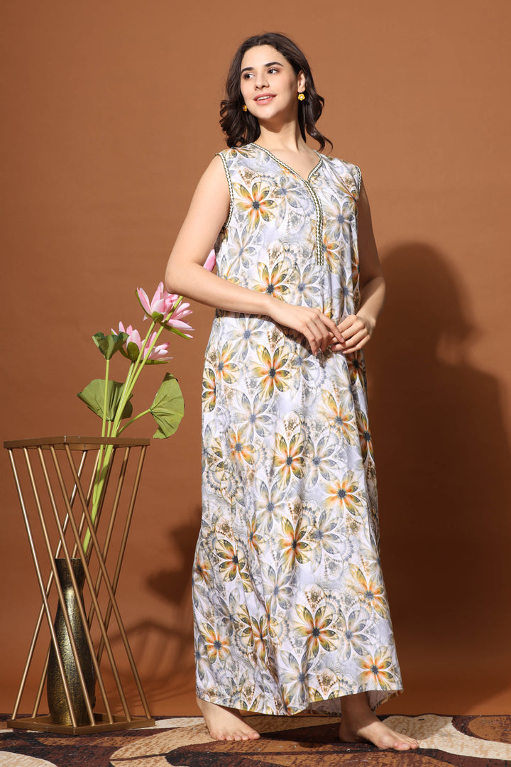 Sunflower Print Sleeveless Nighty for Women