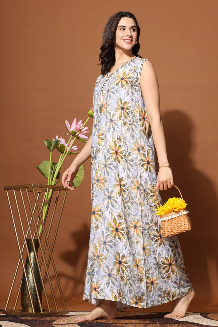 Sunflower Print Sleeveless Nighty for Women