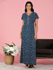 Teal Blue Hosiery Cotton Nighty For Women with Embroidered Neckline