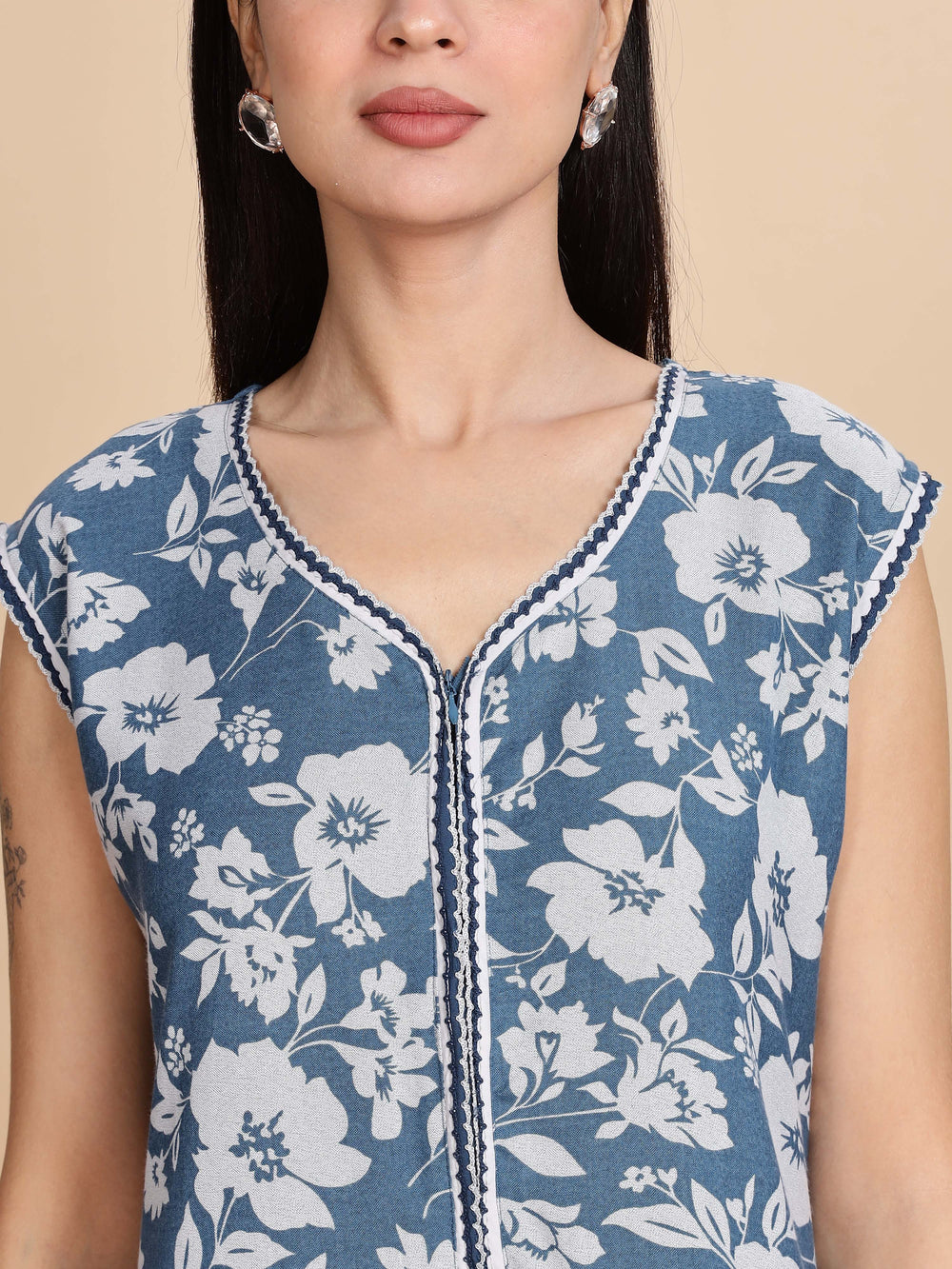 Teal Blue Sleeveless Night dress for Women