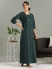 Teal Green Cotton Blend Pleated Nighty with Floral Embroidery