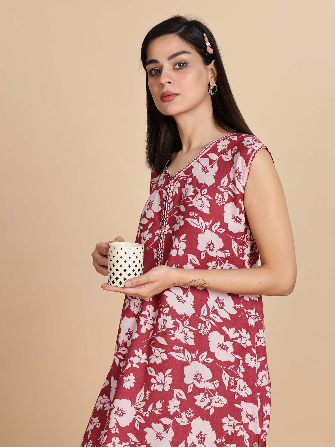 Teal Red Sleeveless Nighty For Women
