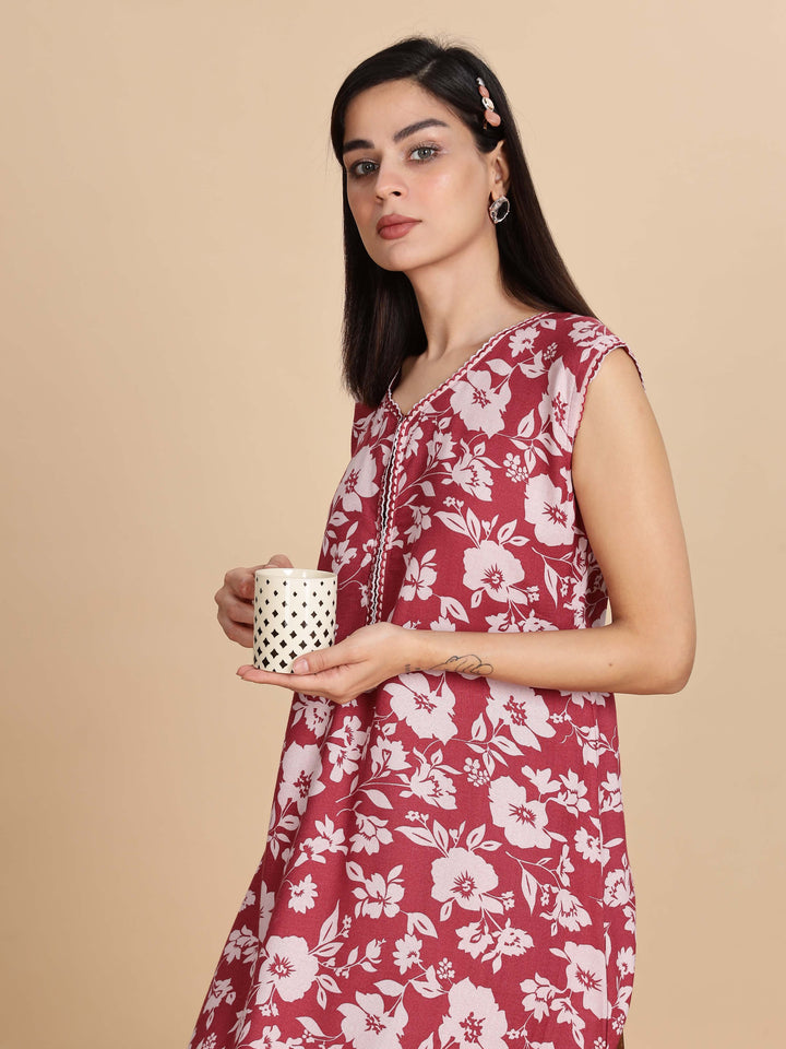 Teal Red Sleeveless Nighty For Women