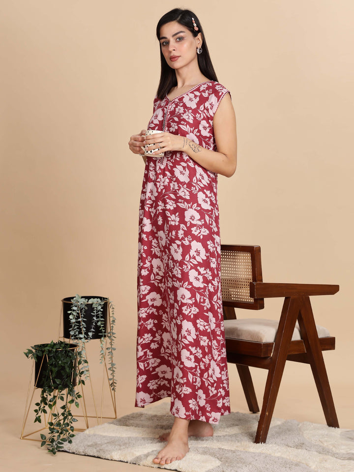 Teal Red Sleeveless Nighty For Women