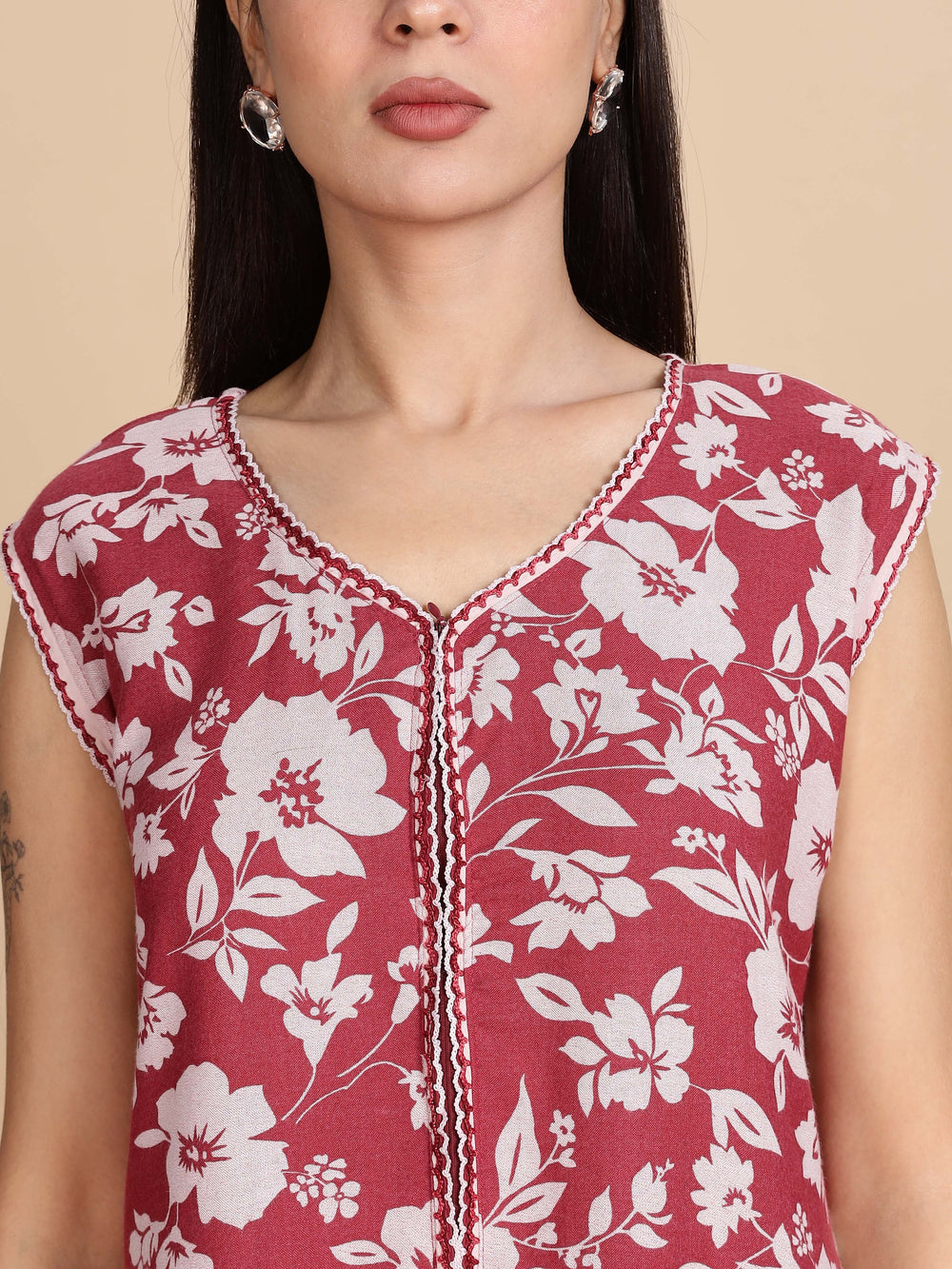 Teal Red Sleeveless Nighty For Women