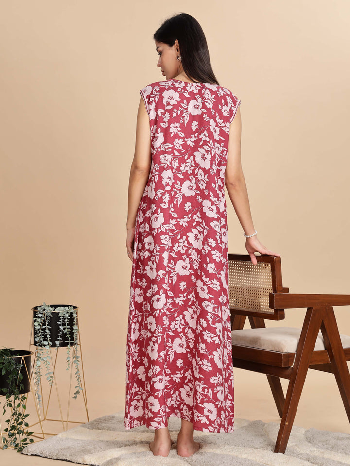 Teal Red Sleeveless Nighty For Women