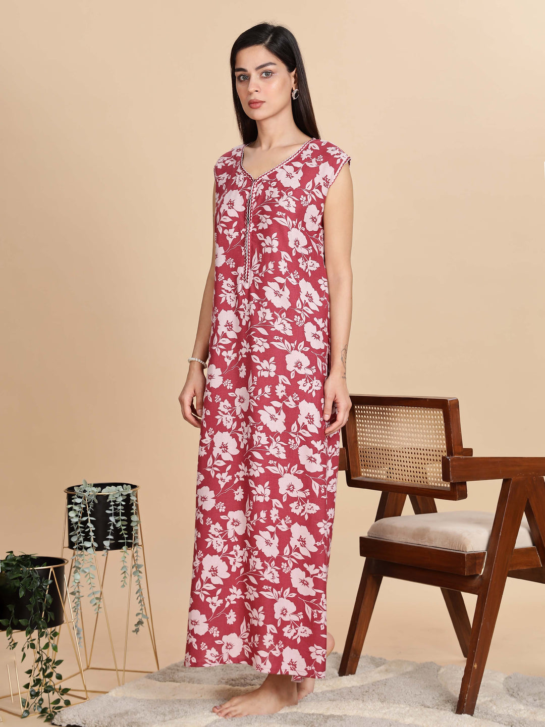 Teal Red Sleeveless Nighty For Women