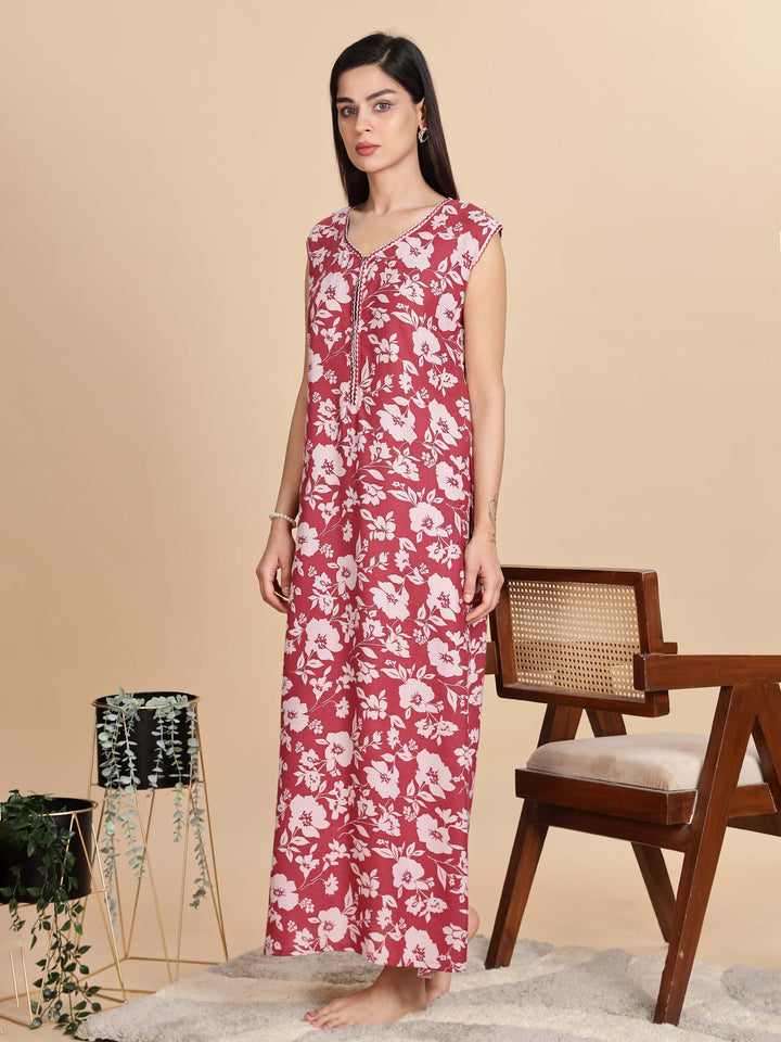Teal Red Sleeveless Nighty For Women