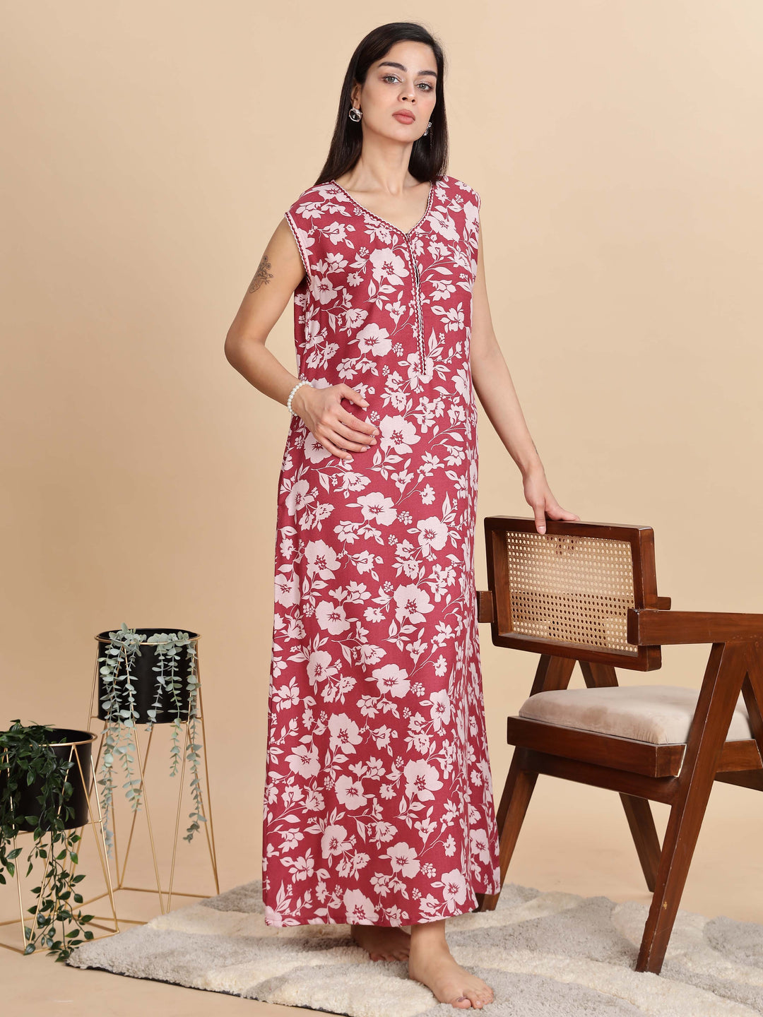 Teal Red Sleeveless Nighty For Women