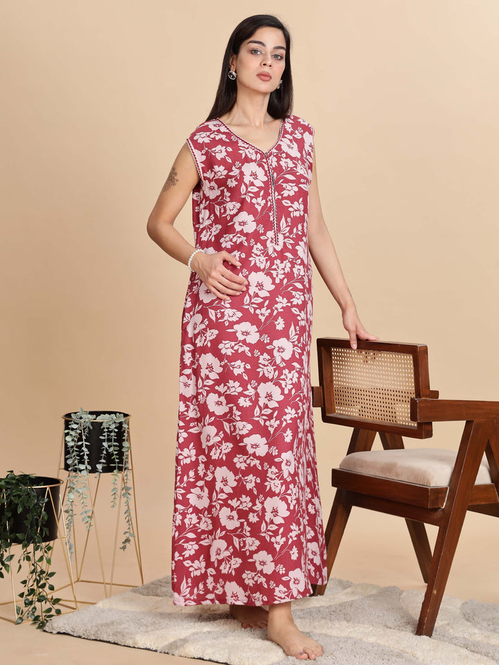 Teal Red Sleeveless Nighty For Women