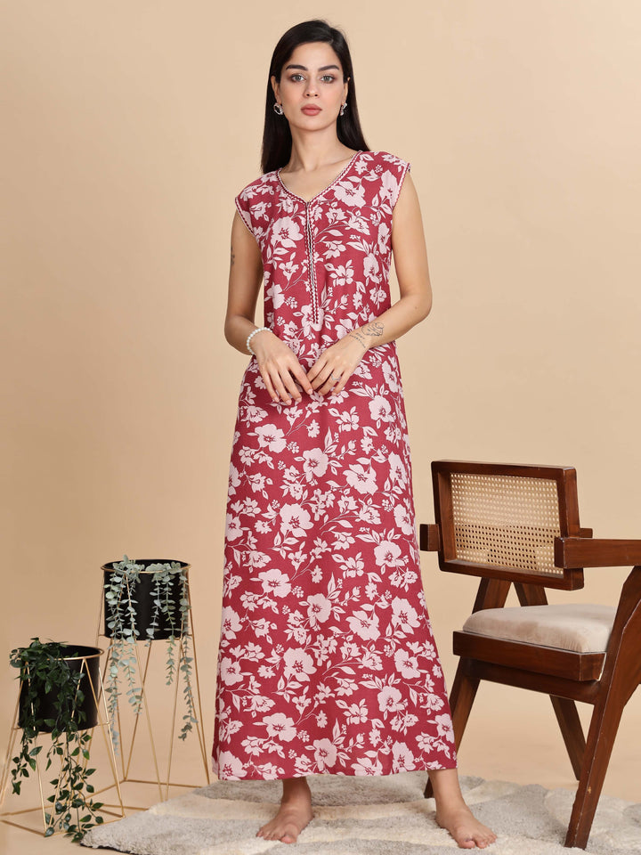 Teal Red Sleeveless Nighty For Women