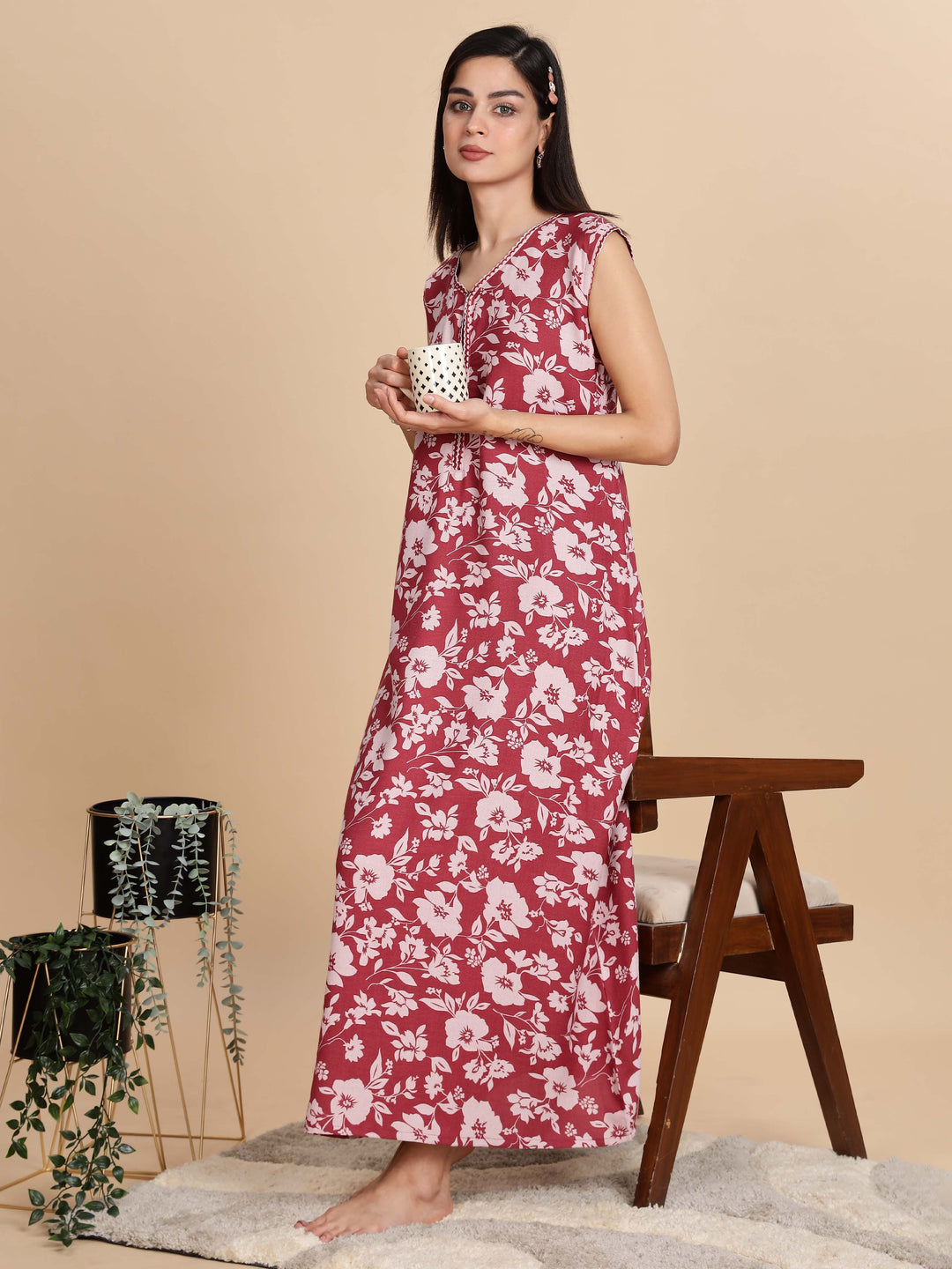Teal Red Sleeveless Nighty For Women