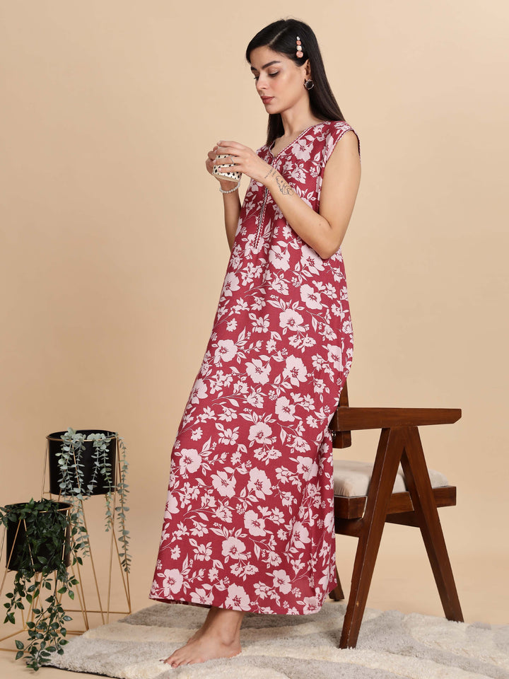 Teal Red Sleeveless Nighty For Women