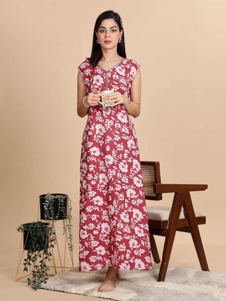 Teal Red Sleeveless Nighty For Women