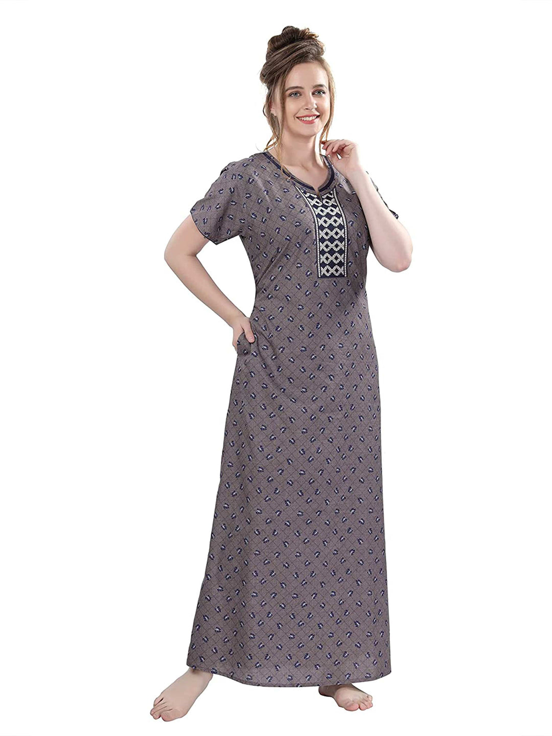 Biscuit Leaf Print Hosiery Cotton Designer Nighty for Women