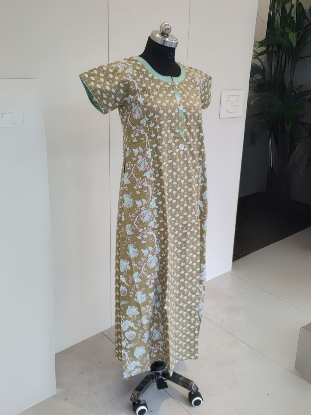 Olive Green Cozy Cotton Night Dress with Pocket