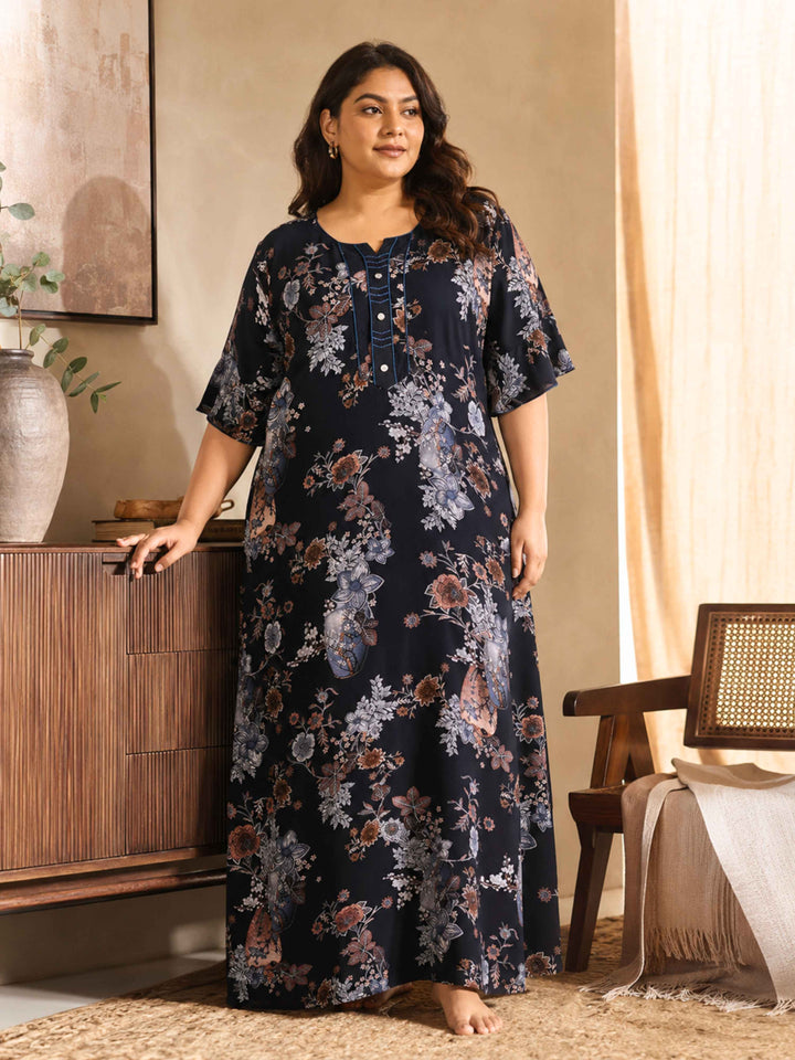 Rayon Black Floral Nighty Dress with Relaxed Silhouette and Pocket