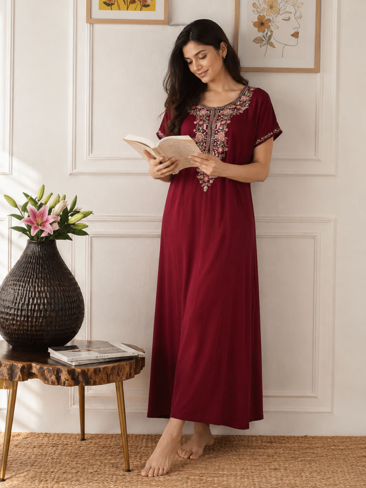 Ruby Red Alpine Designer Nighty with Embroidered Neck for Women