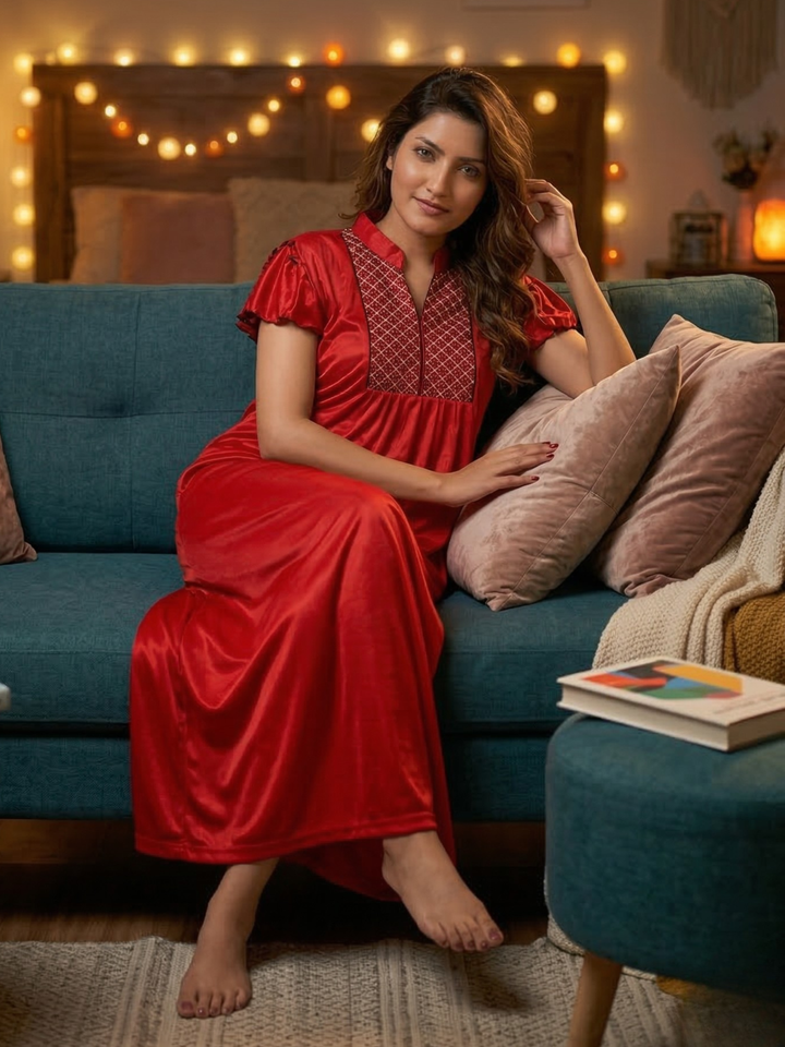 Red Cotton Blend Nighty for Women with Front Zip Relaxed Fit