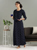 Violet Indigo Cotton Blend Designer Nighty for Women with Floral Embroidery