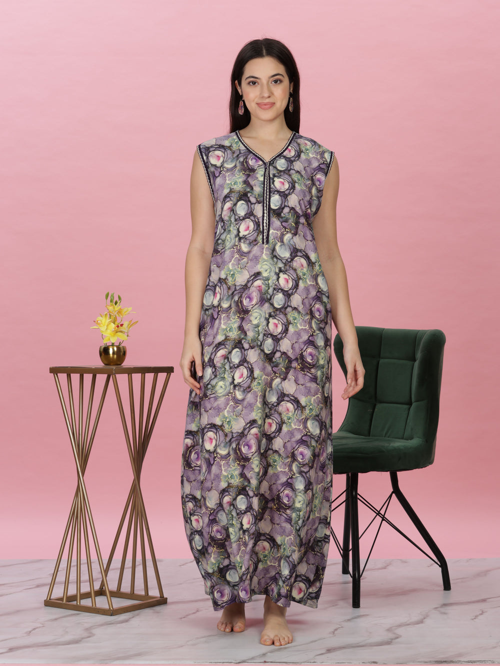 Breathable sleeveless rayon nighty with floral print and pocket