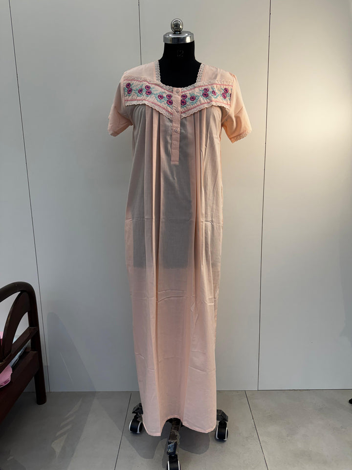 Peach Embroidered Poly Cotton Nighty Dress with Pocket
