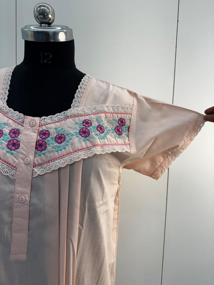 Peach Embroidered Poly Cotton Nighty Dress with Pocket