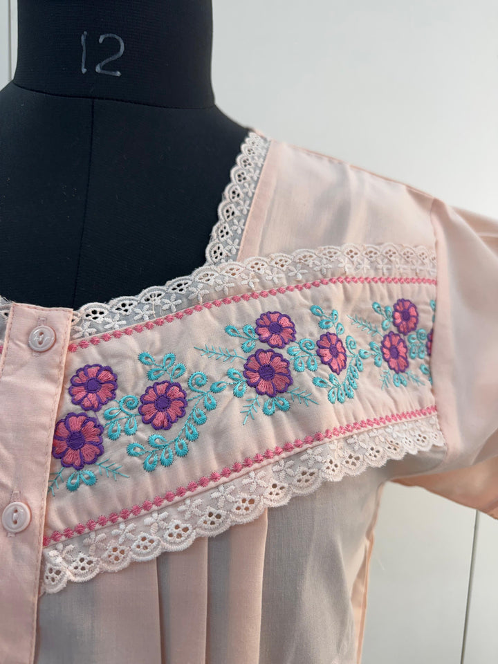 Peach Embroidered Poly Cotton Nighty Dress with Pocket