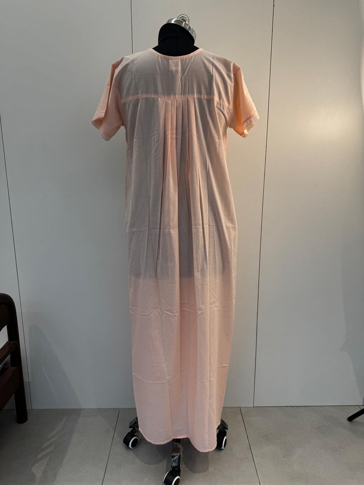 Peach Embroidered Poly Cotton Nighty Dress with Pocket