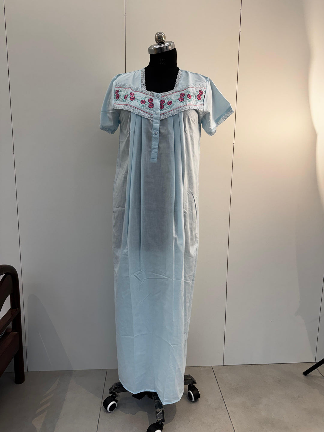 Blue Embroidered Poly Cotton Nighty For Women with Pocket
