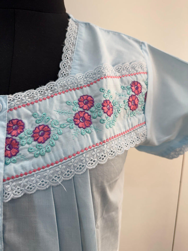 Blue Embroidered Poly Cotton Nighty For Women with Pocket
