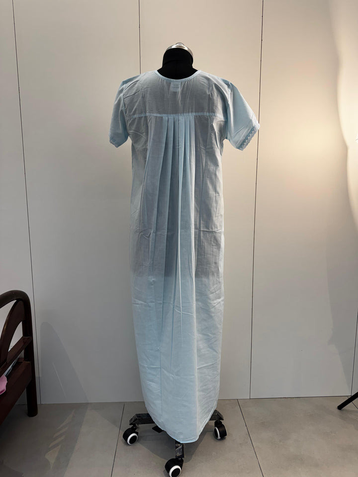 Blue Embroidered Poly Cotton Nighty For Women with Pocket