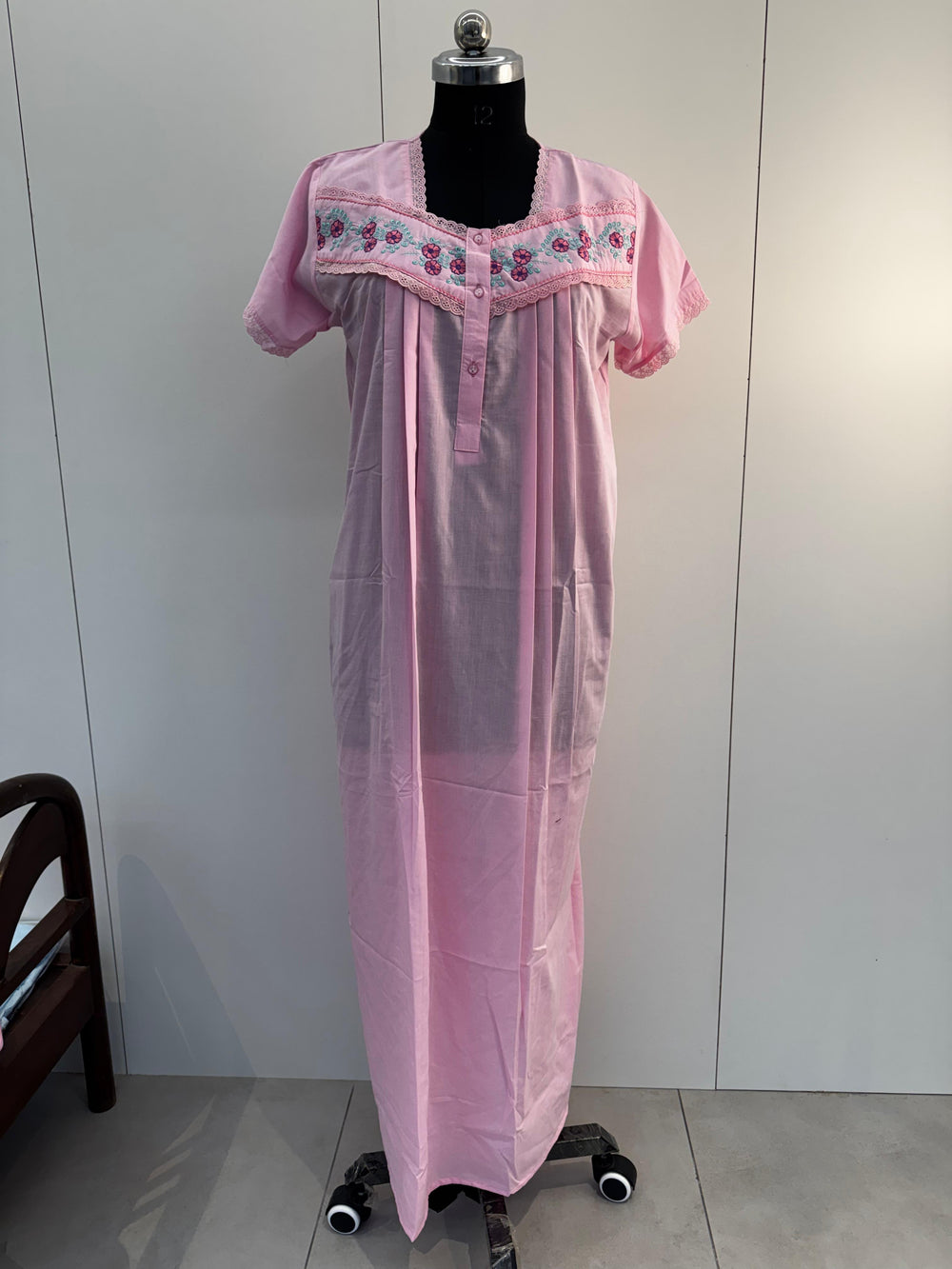 Pink Embroidered Poly Cotton Nighty with Pocket