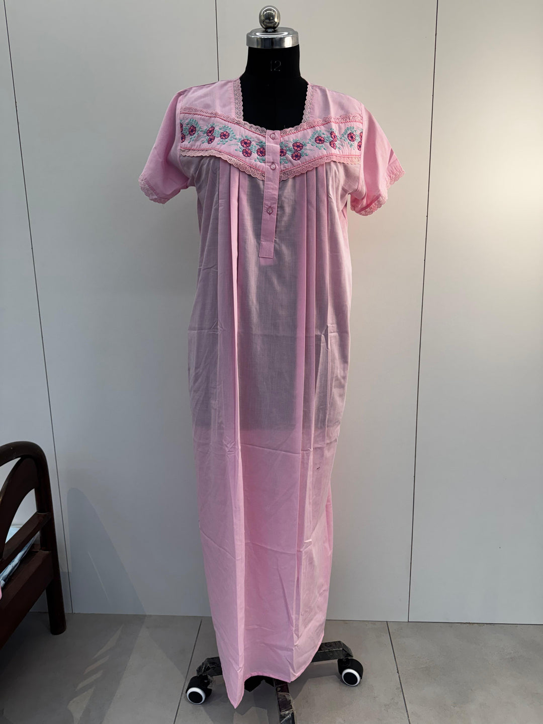 Pink Embroidered Poly Cotton Nighty with Pocket