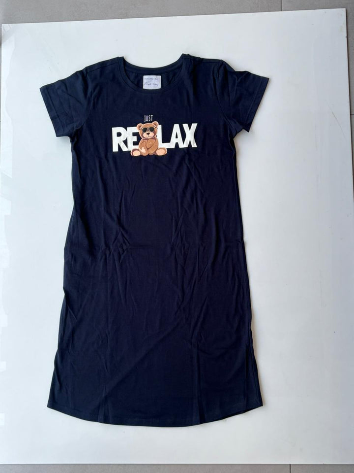 Dark Navy Cotton Nighty for Women Relaxed Fit Graphic Print