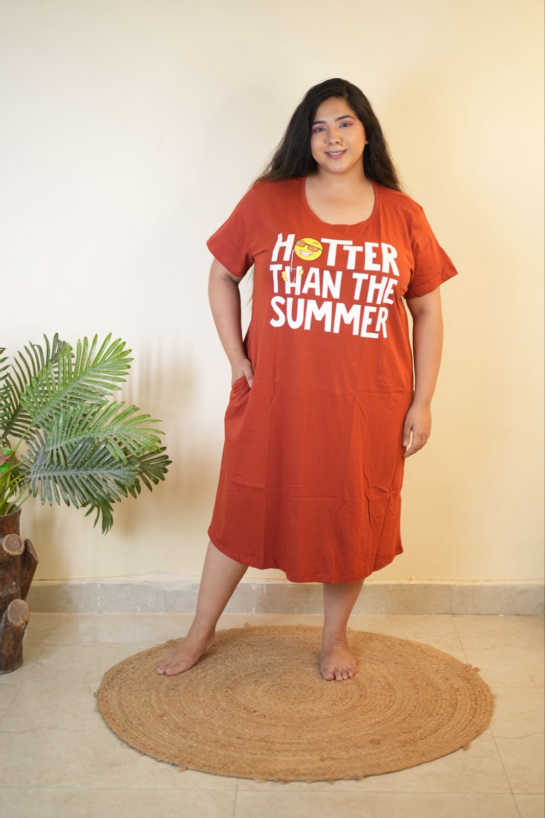 Relaxed Fit Sunset Brown Cotton Short Nightdress for Women
