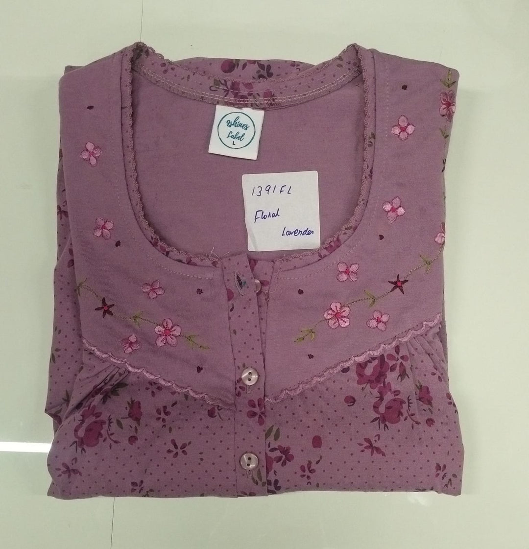 Lavender Cotton Blend Floral Nighty for Women with Pleated Fit