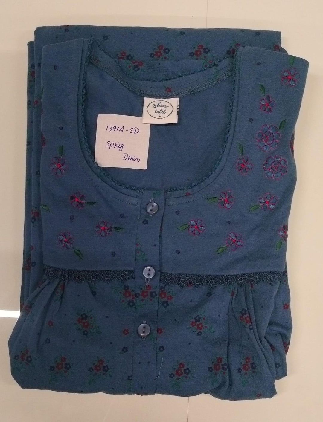 Denim Sprig Cotton Blend Nightdress for Women with Front Buttons