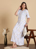 White Rayon Nightdress with Floral Prints and 3/4 Sleeves
