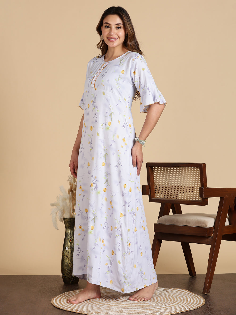White Rayon Floral Print Branded Nighty for Women