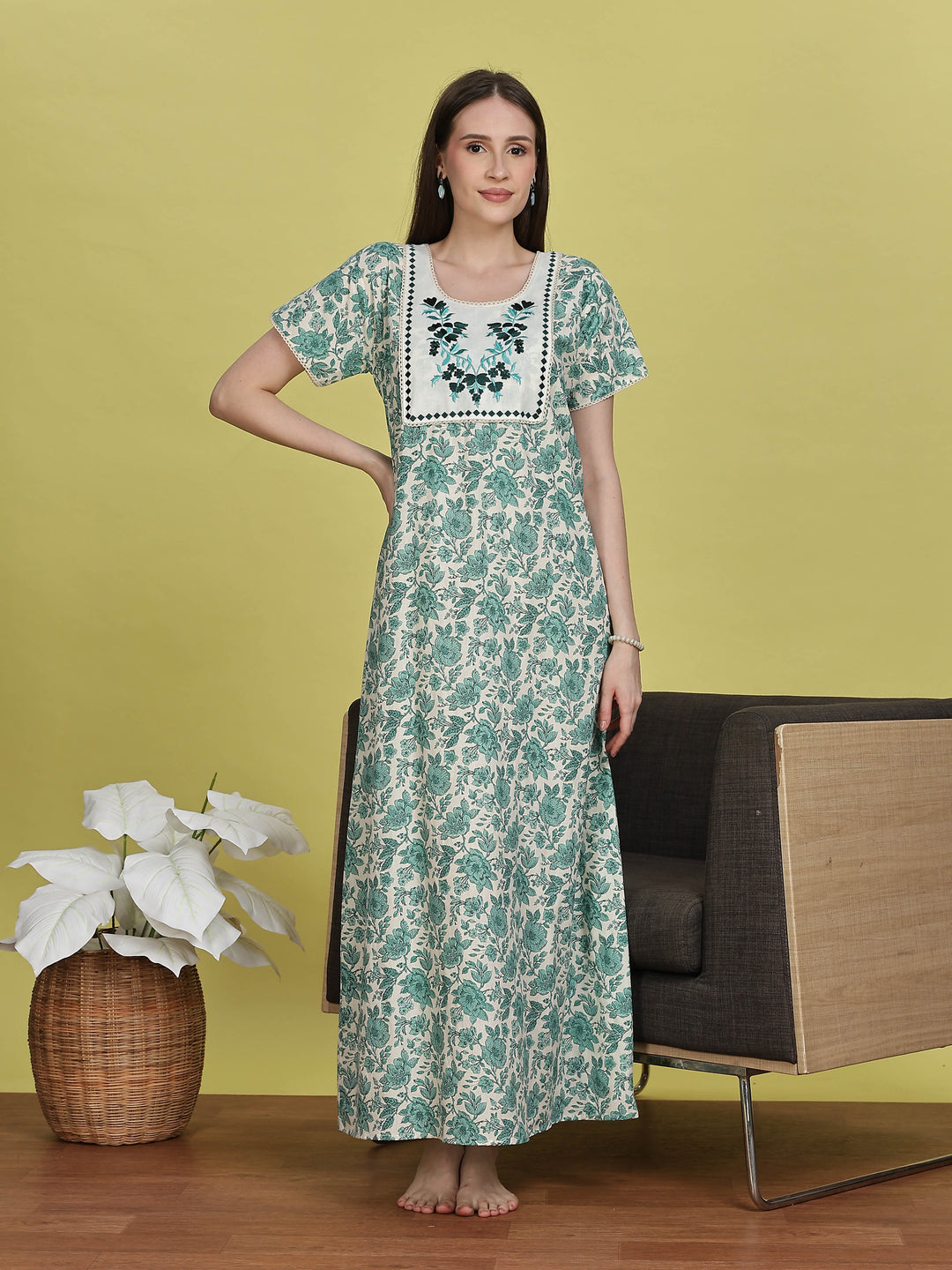Floral Embroidered White and Green Cotton Nightdress