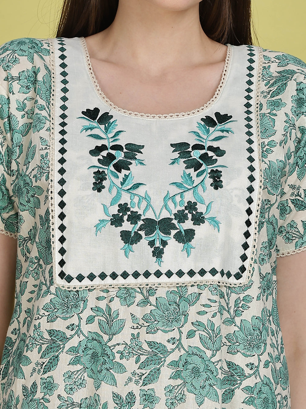 Floral Embroidered White and Green Cotton Nightdress