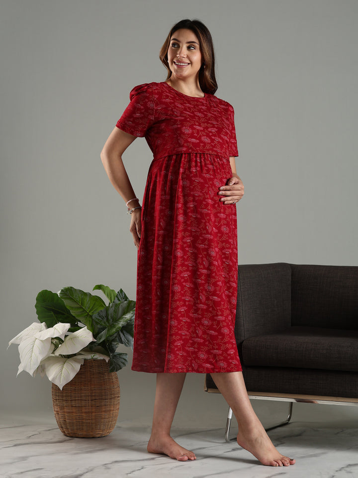 Wine Zipless Maternity Feeding Nighty for Women