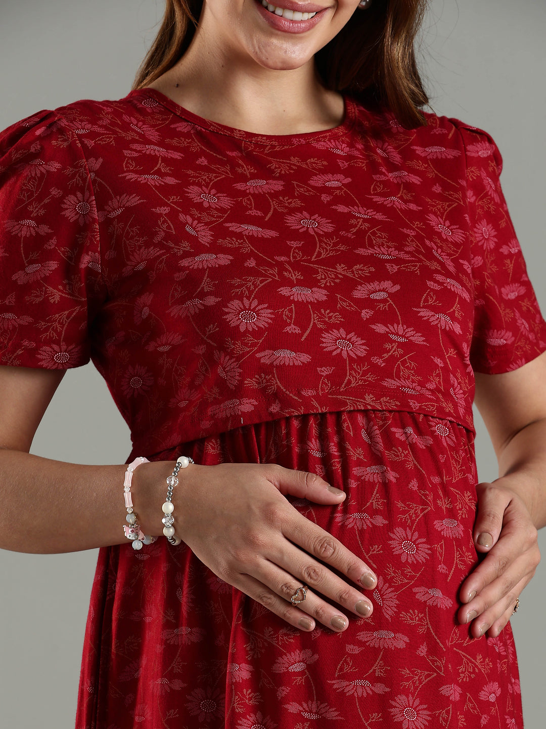 Wine Zipless Maternity Feeding Nighty for Women